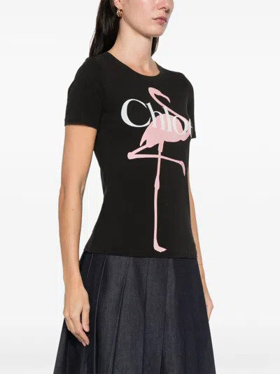 Chloé Women Black Crewneck T-shirt With Maxi Logo Print On The Front In Cotton Woman In Black
