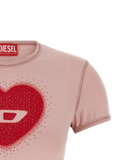 Diesel Women Pink Crew Neck T-shirt With Front Print And Beaded Details In Cotton Woman In Gold