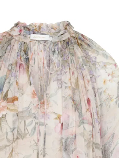 Zimmermann 'rebellion' Multicolor Blouse With Bow Detail On The Front And All-over Floral Motif In Viscose Woma