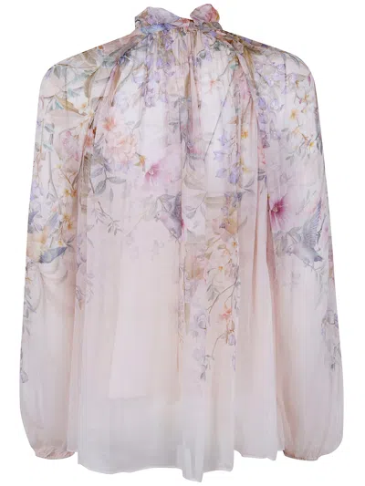 Zimmermann 'rebellion' Multicolor Blouse With Bow Detail On The Front And All-over Floral Motif In Viscose Woma