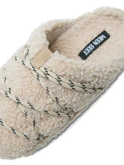 Moon Boot Teddy Texture Slippers Flat Sole Lace In Neutral