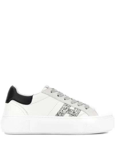 Hogan Crosswind Nappa Leather And Suede Sneakers With Glitter H Detail In White