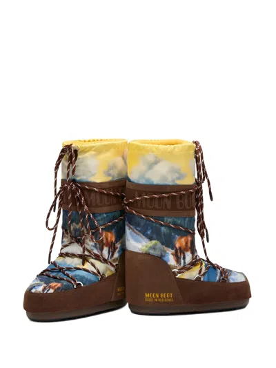 Moon Boot Womens Bronze Com  X Guest In Residence Icon Printed Shell And Suede Boots Eur 35 / 2 Uk In Multi