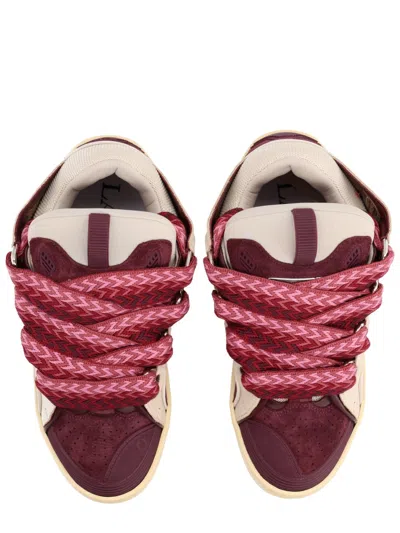 Lanvin Curb Leather And Fabric Sneakers In Beige And Burgundy In Brown