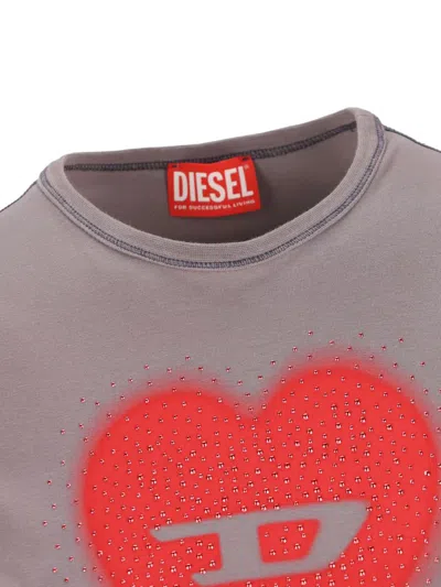 Diesel Slim T-shirt With Heart Print And Studs In Gray