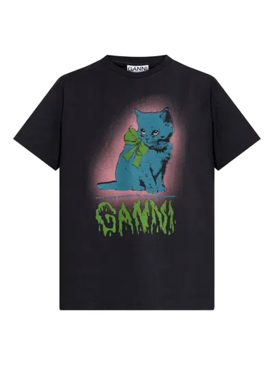 Ganni Basic Cotton Jersey Neon Kitty T-shirt In Black