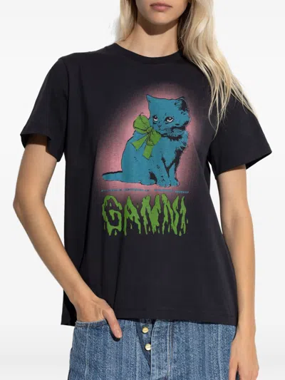 Ganni Basic Cotton Jersey Neon Kitty T-shirt In Black