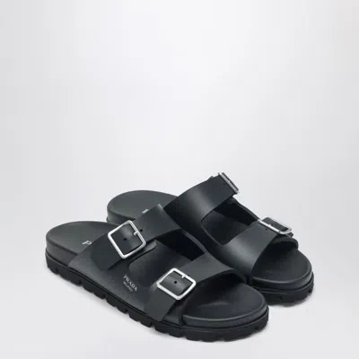 Prada Flat Sole Open Toe Leather Sandals In Black