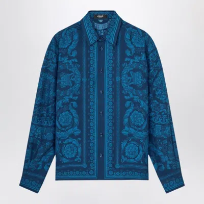 Versace Informal Shirt Silk Twill Fabric Barocco 92 Print Shirts Blue