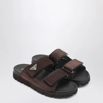 Prada Double Strap Open Toe Leather Sandals In Brown