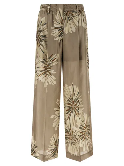 Brunello Cucinelli Elegant Silk Trousers With Stamped Floral Design In Brown