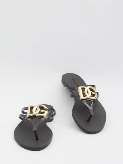 Dolce & Gabbana Women Black Thong Sandals With Logo Plaque On The Front In Rubber Woman