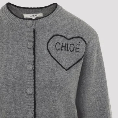 Chloé Fitted Cardigan With Logo In Wool And Cashmere Knit In Gray