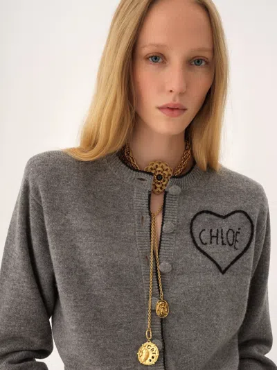 Chloé Fitted Cardigan With Logo In Wool And Cashmere Knit In Gray