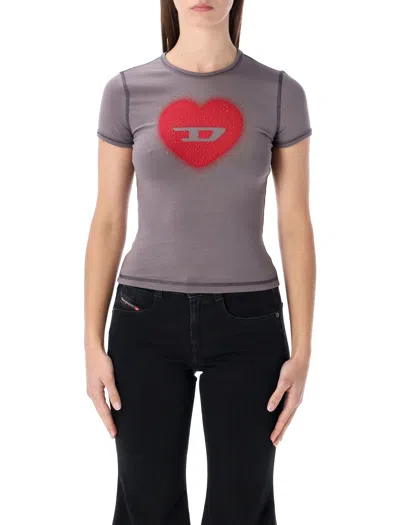 Diesel Slim T-shirt With Heart Print And Studs In Gray