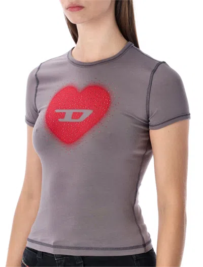 Diesel Slim T-shirt With Heart Print And Studs In Gray