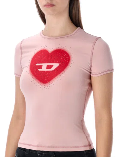 Diesel Women Pink Crew Neck T-shirt With Front Print And Beaded Details In Cotton Woman In Gold