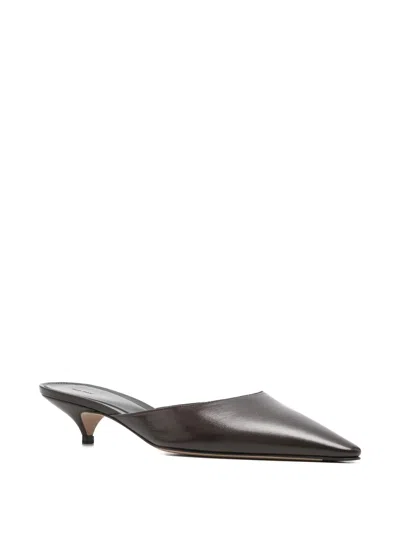 The Row Liisa Leather Kitten Heel Pointed Toe Mules In Black