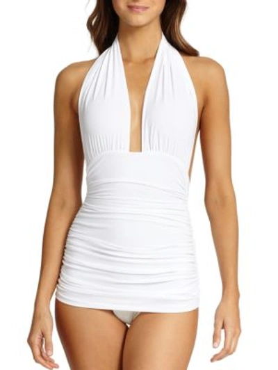Shop Norma Kamali One-piece Halter Swimsuit In White