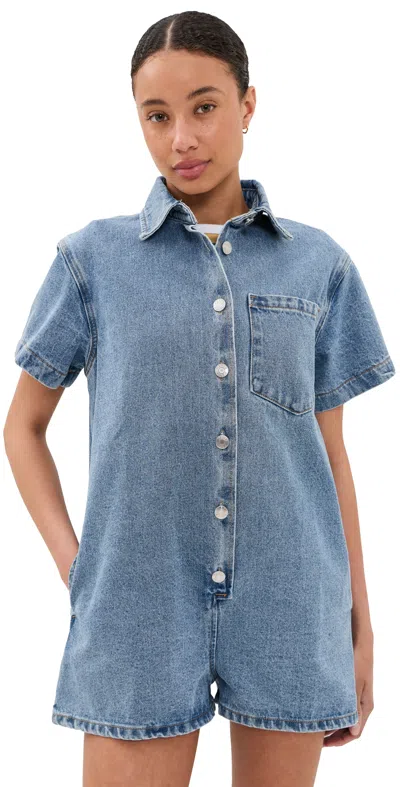 Parke Short Sleeve Romper Medium Wash In Blue