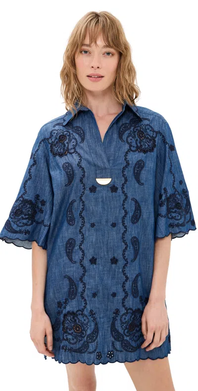 Zimmermann Aster Broderie Anglaise-trimmed Cotton-denim Mini Dress In Blue