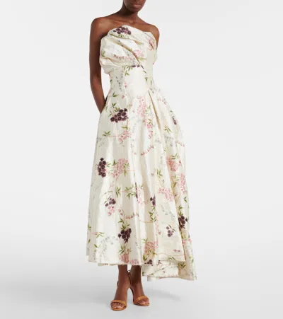 Erdem Strapless Floral-print Textured Satin Gown In Neutral