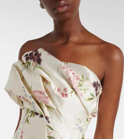 Erdem Strapless Floral-print Textured Satin Gown In Neutral