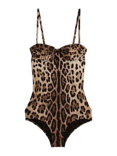Dolce & Gabbana Embellished Leopard-print Underwired Swimsuit In Multi