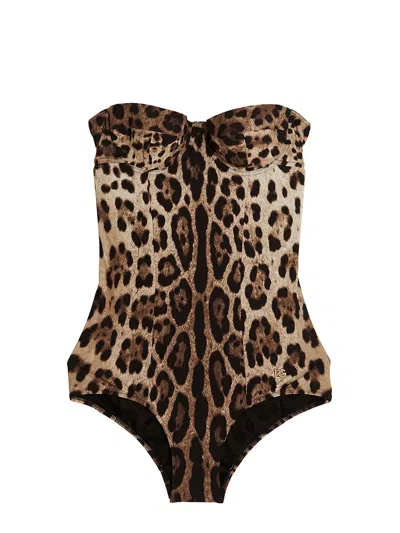 Dolce & Gabbana Embellished Leopard-print Underwired Swimsuit In Multi