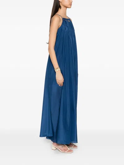 Zimmermann Aster Gathered Beaded Silk-satin Maxi Dress In Blue