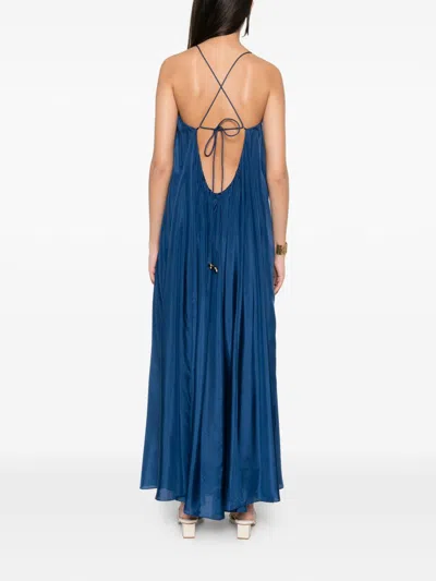 Zimmermann Aster Gathered Beaded Silk-satin Maxi Dress In Blue