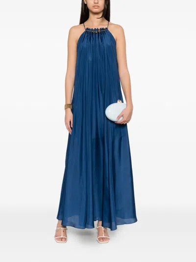 Zimmermann Aster Gathered Beaded Silk-satin Maxi Dress In Blue