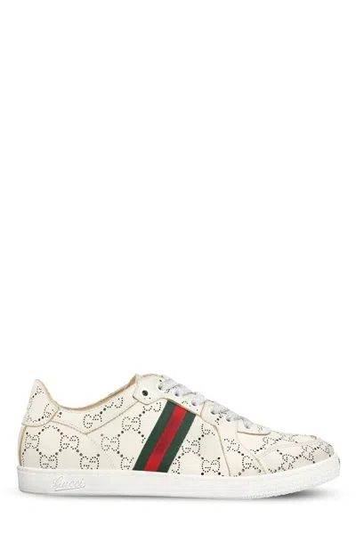 Gucci White Stretch Sneakers With Laser-cut Gg Motif In Multi