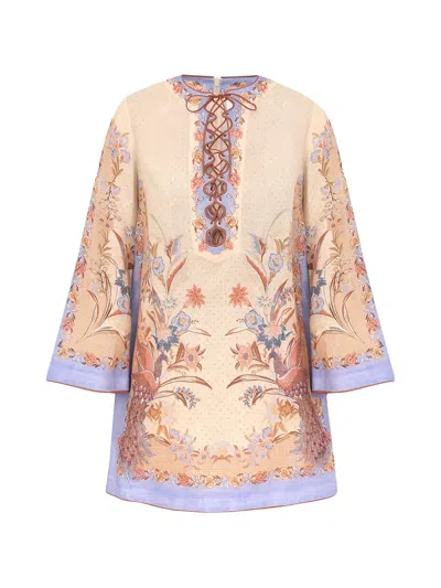 Zimmermann Womens Biscuit Scarf Floral Indra Floral-print Linen Tunic Mini Dress Xs In Multi