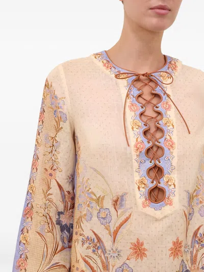 Zimmermann Womens Biscuit Scarf Floral Indra Floral-print Linen Tunic Mini Dress Xs In Multi