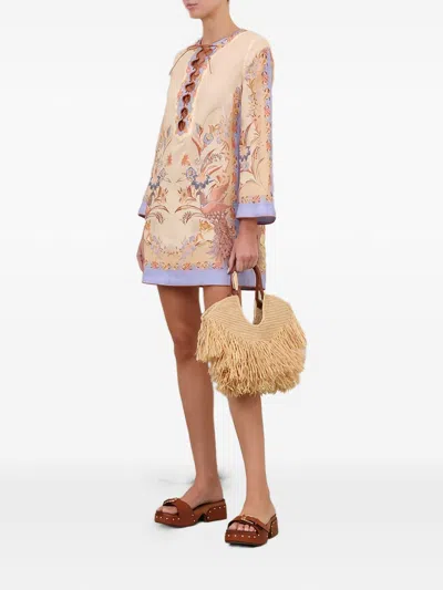 Zimmermann Womens Biscuit Scarf Floral Indra Floral-print Linen Tunic Mini Dress Xs In Multi