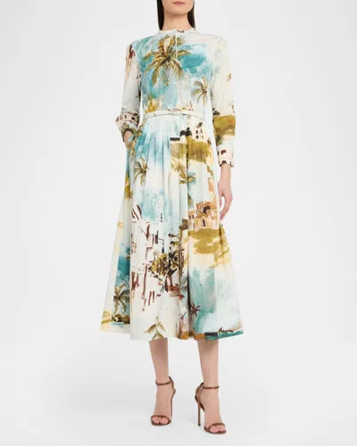 Oscar De La Renta Long-sleeve Landscape-print Cotton Poplin Midi Shirtdress With Belt In Multi