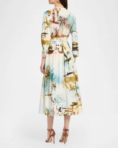 Oscar De La Renta Long-sleeve Landscape-print Cotton Poplin Midi Shirtdress With Belt In Multi