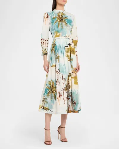Oscar De La Renta Long-sleeve Landscape-print Cotton Poplin Midi Shirtdress With Belt In Multi
