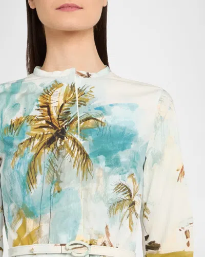Oscar De La Renta Long-sleeve Landscape-print Cotton Poplin Midi Shirtdress With Belt In Multi