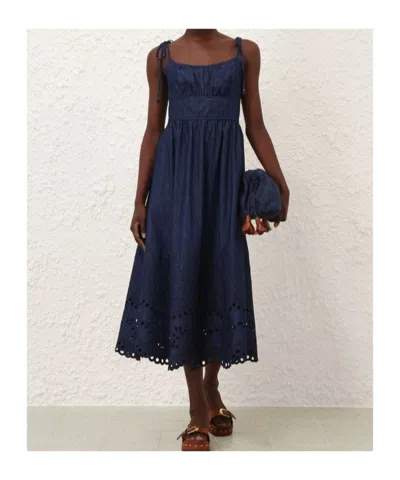 Zimmermann Mohan Broderie Anglaise Trim Denim Midi Dress In Blue