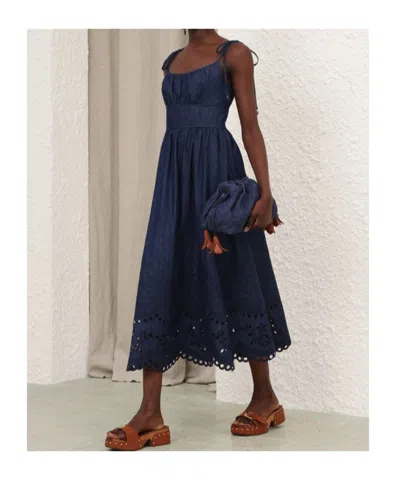 Zimmermann Mohan Broderie Anglaise Trim Denim Midi Dress In Blue