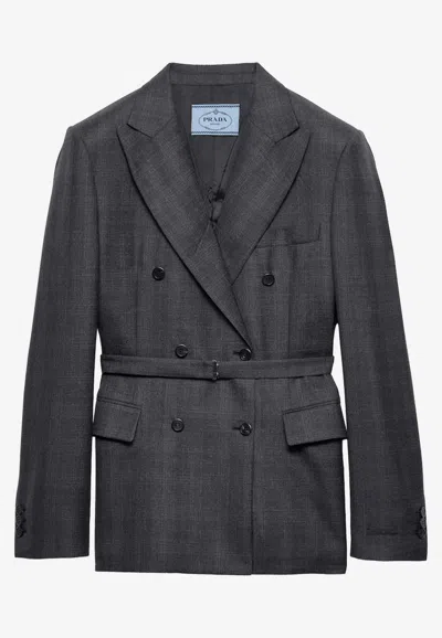 Prada Double-breasted Wool Jacket With Check Pattern In Black