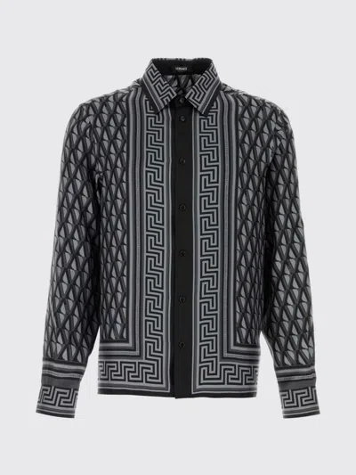 Versace Blue Geometric Greek Key Silk Shirt In Gray