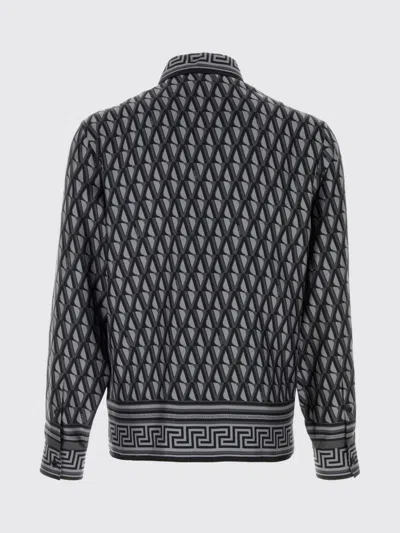 Versace Blue Geometric Greek Key Silk Shirt In Gray