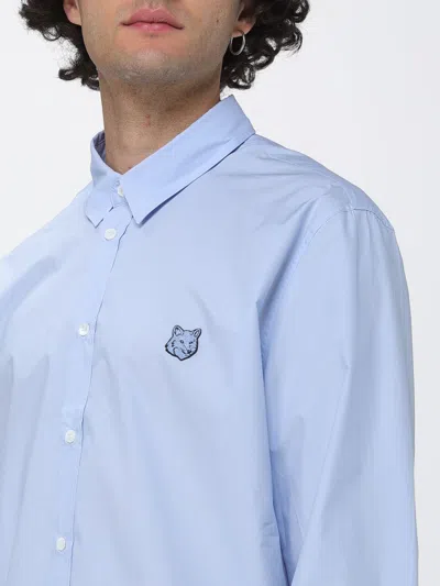 Maison Kitsuné Fox Head Embroidered Long Sleeved Shirt In Blue