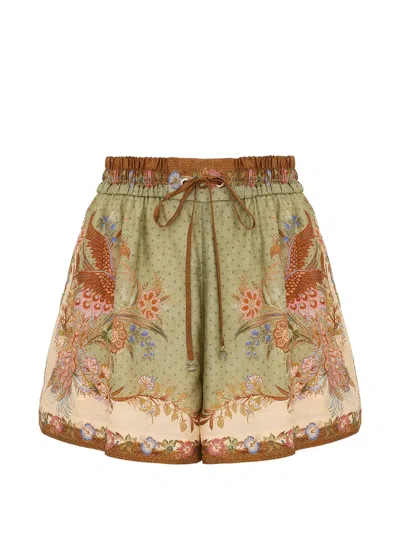 Zimmermann Indra Relaxed Silk Shorts Khaki Scarf Floral In Multi