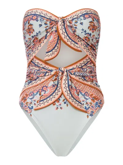 Zimmermann Aster Scarf Tie One-piece Swimsuit Blue Paisley Floral In Blue