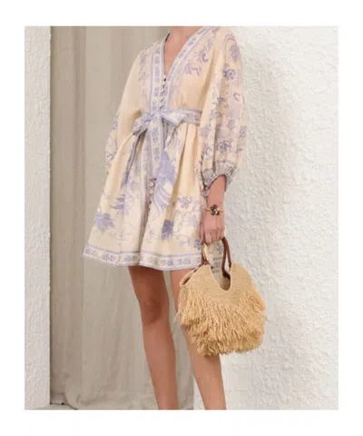 Zimmermann Womens Indra Plunge Linen Mini Dress Cream Lilac Floral In Yellow