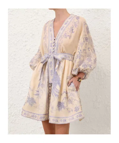 Zimmermann Womens Indra Plunge Linen Mini Dress Cream Lilac Floral In Yellow